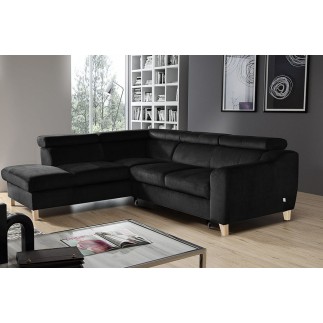 Canapé d'angle convertible en velours luxe 5 places, ASTERIA noir, angle gauche