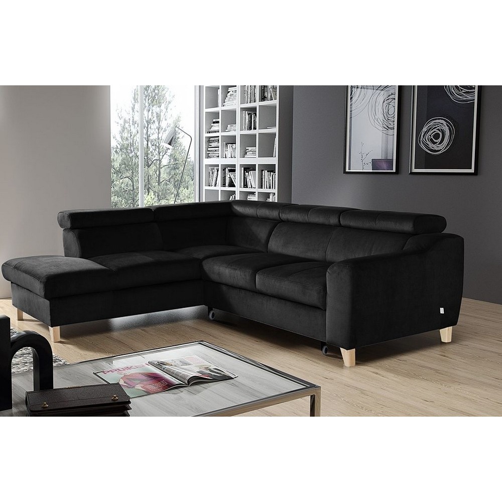 Canapé d'angle convertible en velours luxe 5 places, ASTERIA noir, angle gauche