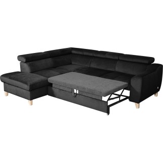 Canapé d'angle convertible en velours luxe 5 places, ASTERIA noir, angle gauche