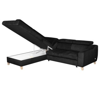 Canapé d'angle convertible en velours luxe 5 places, ASTERIA noir, angle gauche