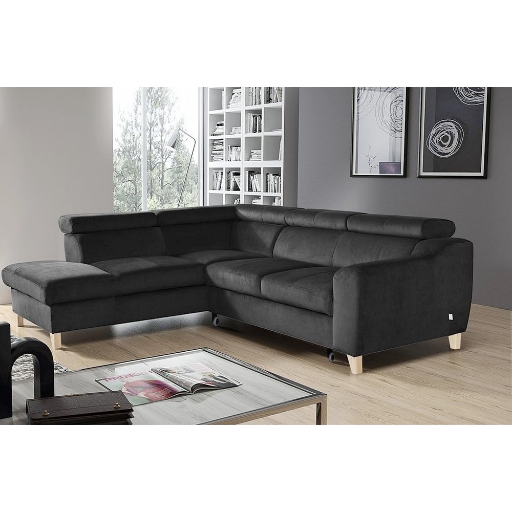 Canapé d'angle convertible en velours luxe 5 places, ASTERIA gris foncé, angle gauche
