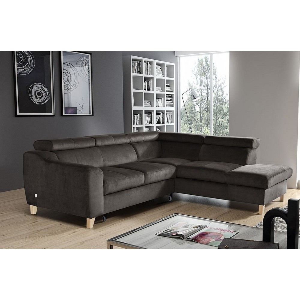 Canapé d'angle convertible en velours luxe 5 places, ASTERIA chocolat clair, angle droit