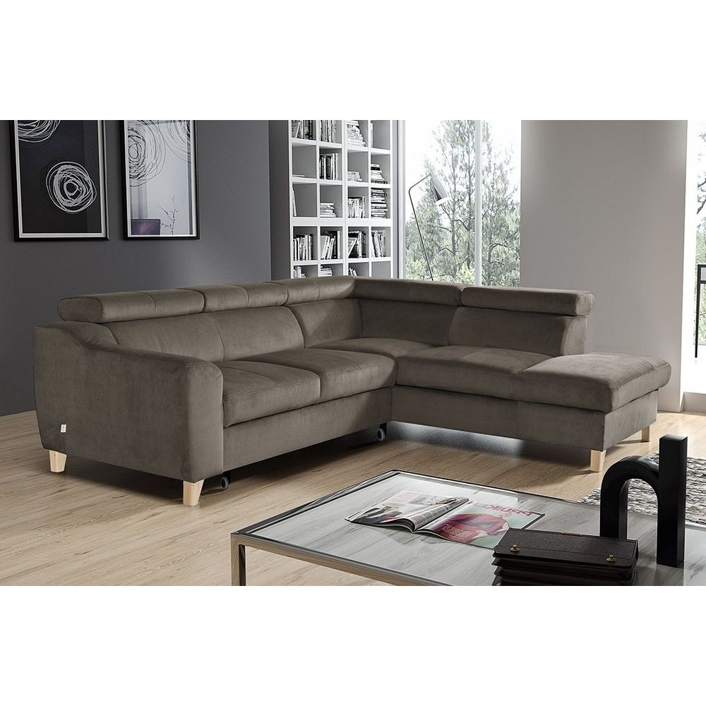 Canapé d'angle convertible en velours luxe 5 places, ASTERIA taupe, angle droit