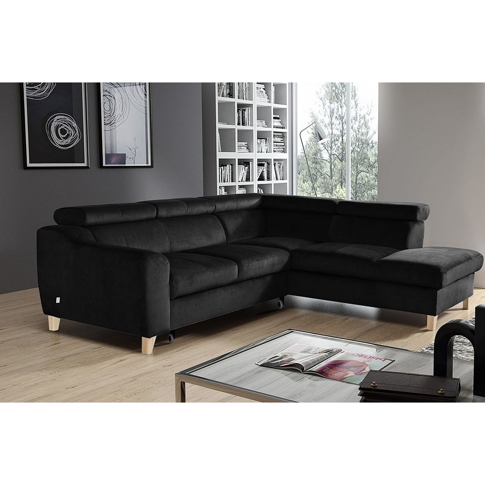 Canapé d'angle convertible en velours luxe 5 places, ASTERIA noir, angle droit