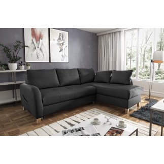 Canapé d'angle convertible en cuir de luxe italien , 5 places CONFORIA, noir, angle droit