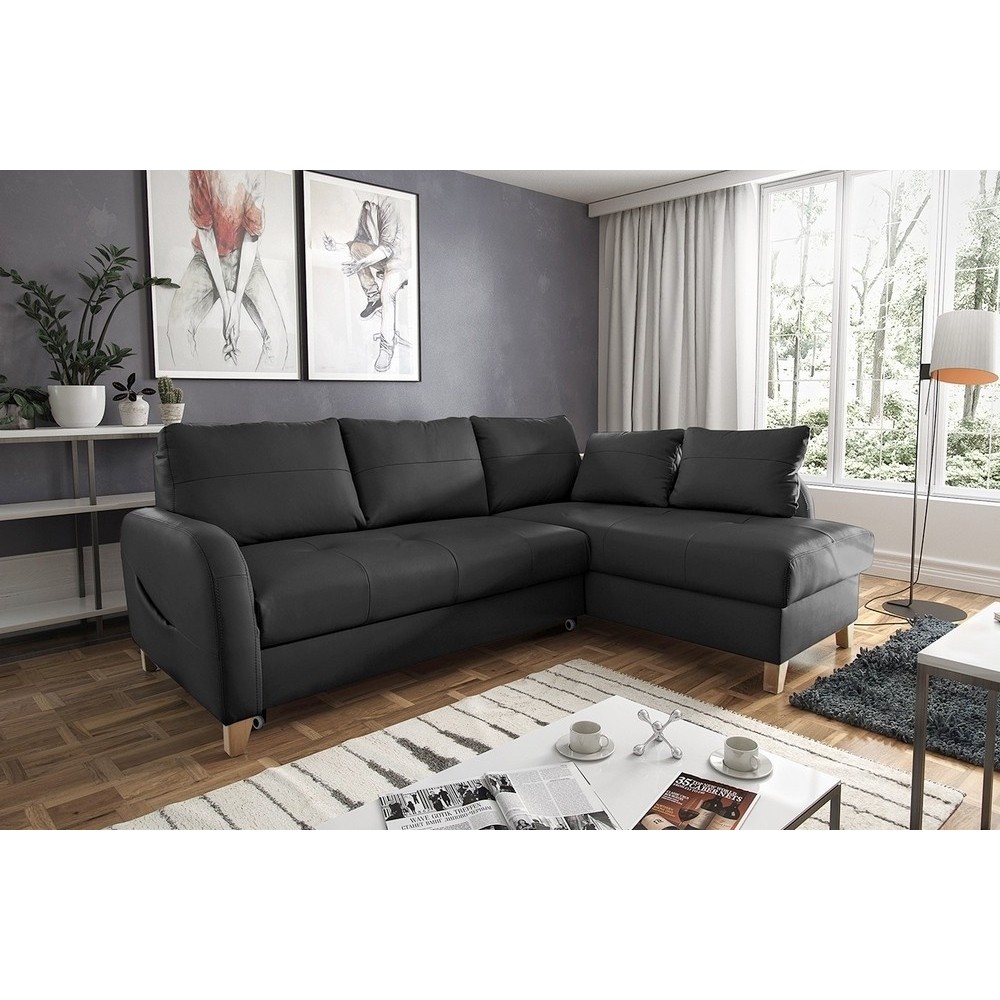 Canapé d'angle convertible en cuir de luxe italien , 5 places CONFORIA, noir, angle droit