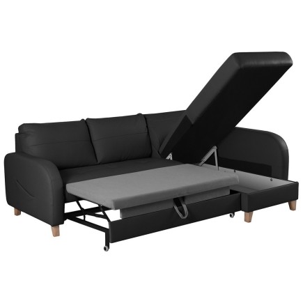 Canapé d'angle convertible en cuir de luxe italien , 5 places CONFORIA, noir, angle droit