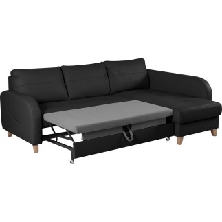 Canapé d'angle convertible en cuir de luxe italien , 5 places CONFORIA, noir, angle droit