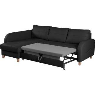 Canapé d'angle convertible en cuir de luxe italien , 5 places CONFORIA, noir, angle gauche
