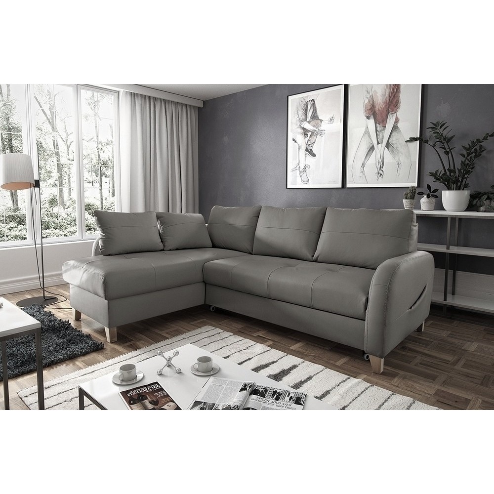 Canapé d'angle convertible en cuir de luxe italien , 5 places CONFORIA, gris foncé, angle gauche