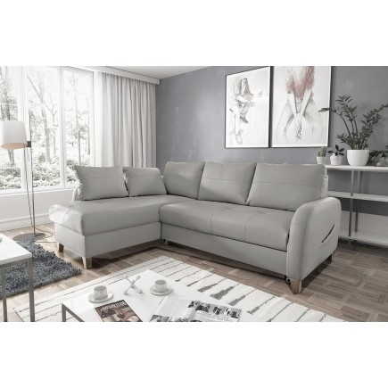 - Canapé d'angle convertible en cuir de luxe italien , 5 places CONFORIA, gris clair, angle gauche