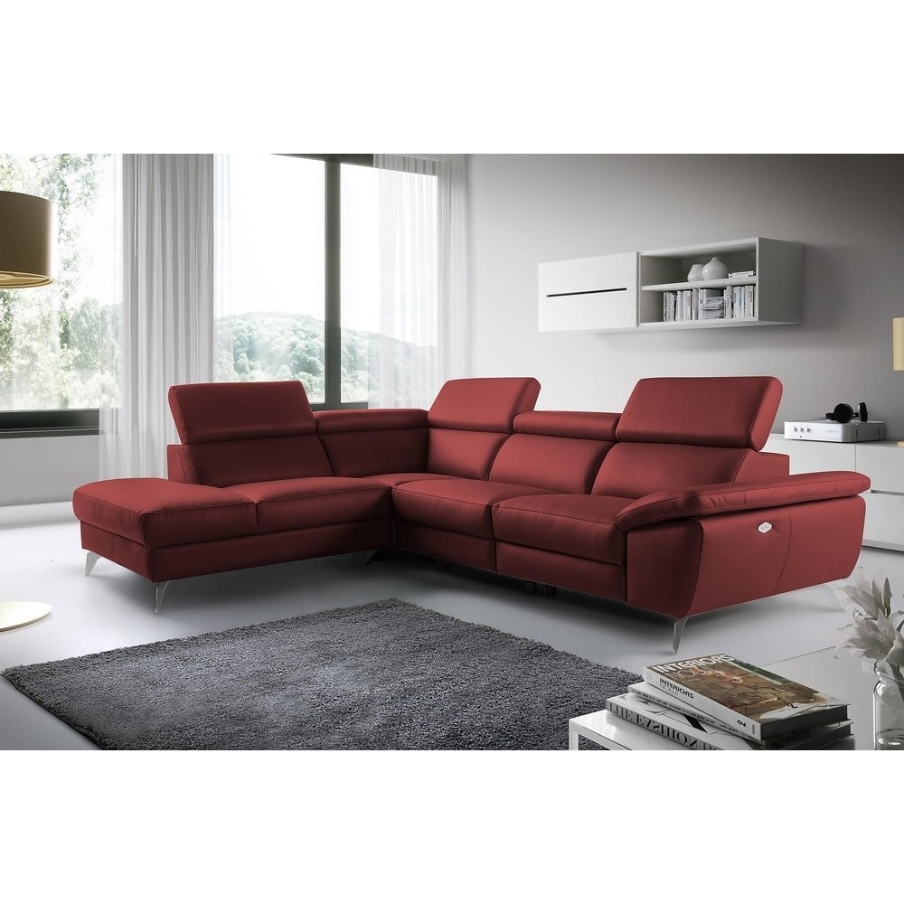 Canapé d'angle relax en 100% tout cuir épais de luxe italien avec relax électrique, 5/6 places KASTER, rouge bordeaux, angle gau