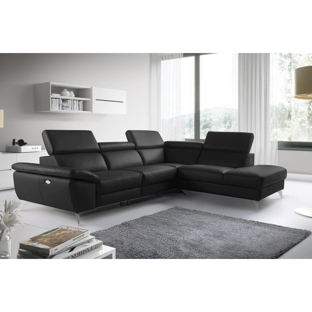 Canapé d'angle relax en 100% tout cuir épais de luxe italien avec relax électrique, 5/6 places KASTER, noir, angle droit