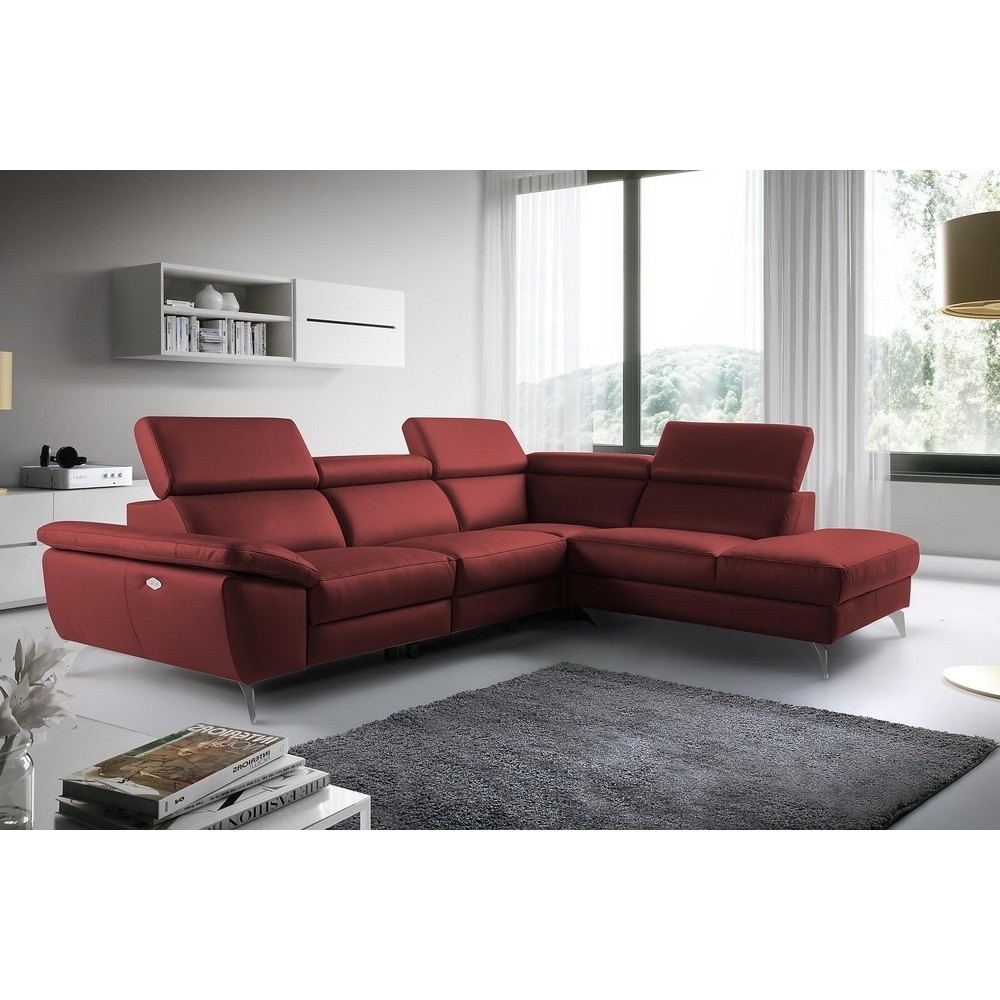 Canapé d'angle relax en 100% tout cuir épais de luxe italien avec relax électrique, 5/6 places KASTER, rouge bordeaux, angle dro