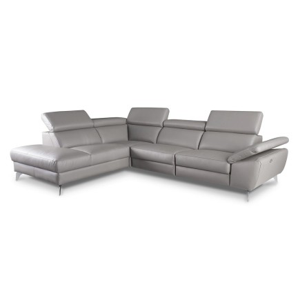Canapé d'angle relax en 100% tout cuir épais de luxe italien avec relax électrique, 5/6 places KASTER, gris clair, angle gauche