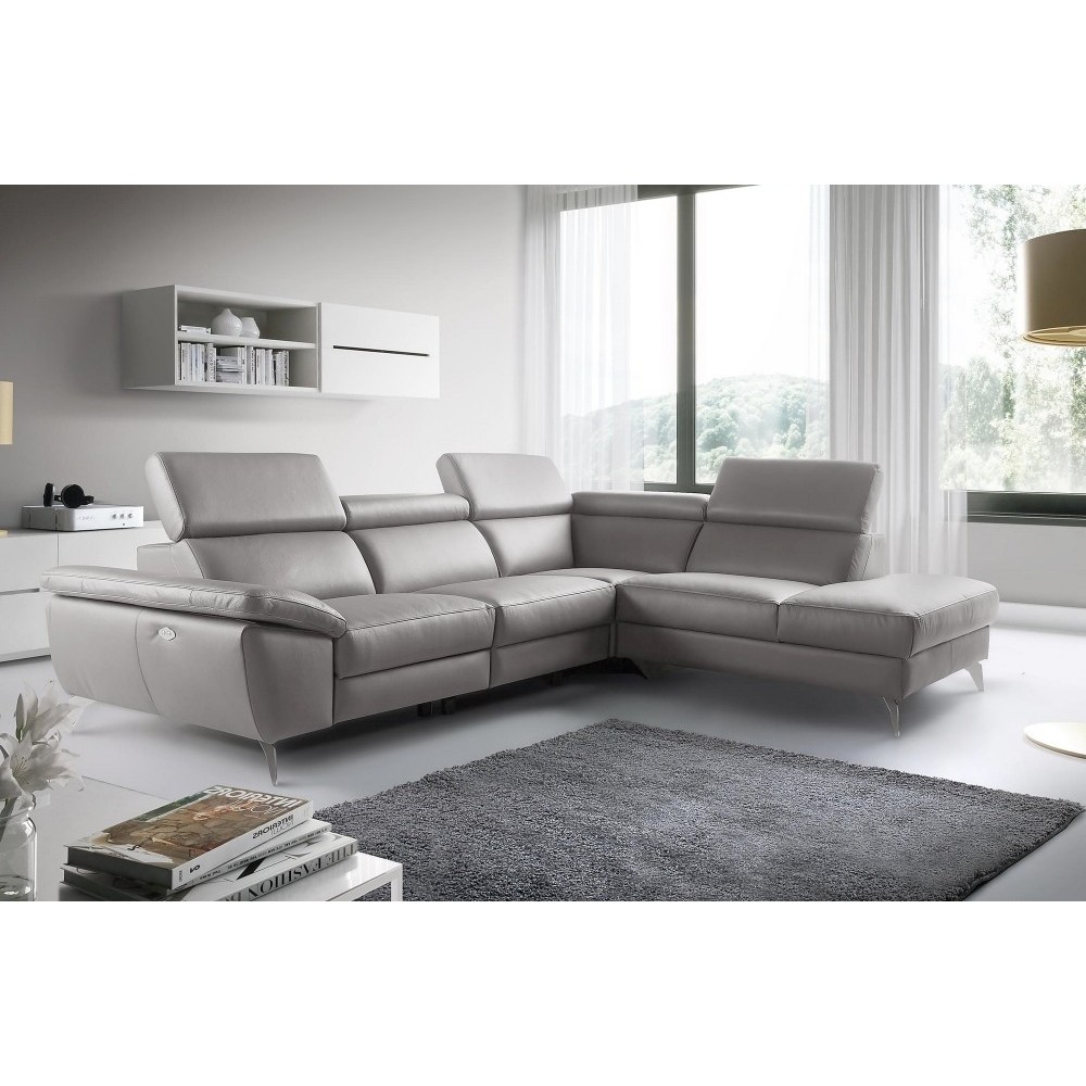 Canapé d'angle relax en 100% tout cuir épais de luxe italien avec relax électrique, 5/6 places KASTER, gris clair, angle droit