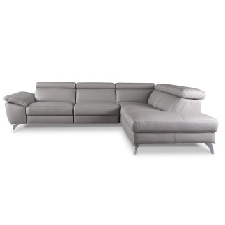 Canapé d'angle relax en 100% tout cuir épais de luxe italien avec relax électrique, 5/6 places KASTER, gris clair, angle droit
