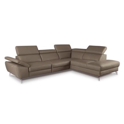 Canapé d'angle relax en 100% tout cuir épais de luxe italien avec relax électrique, 5/6 places KASTER, taupe (vers le brun), ang