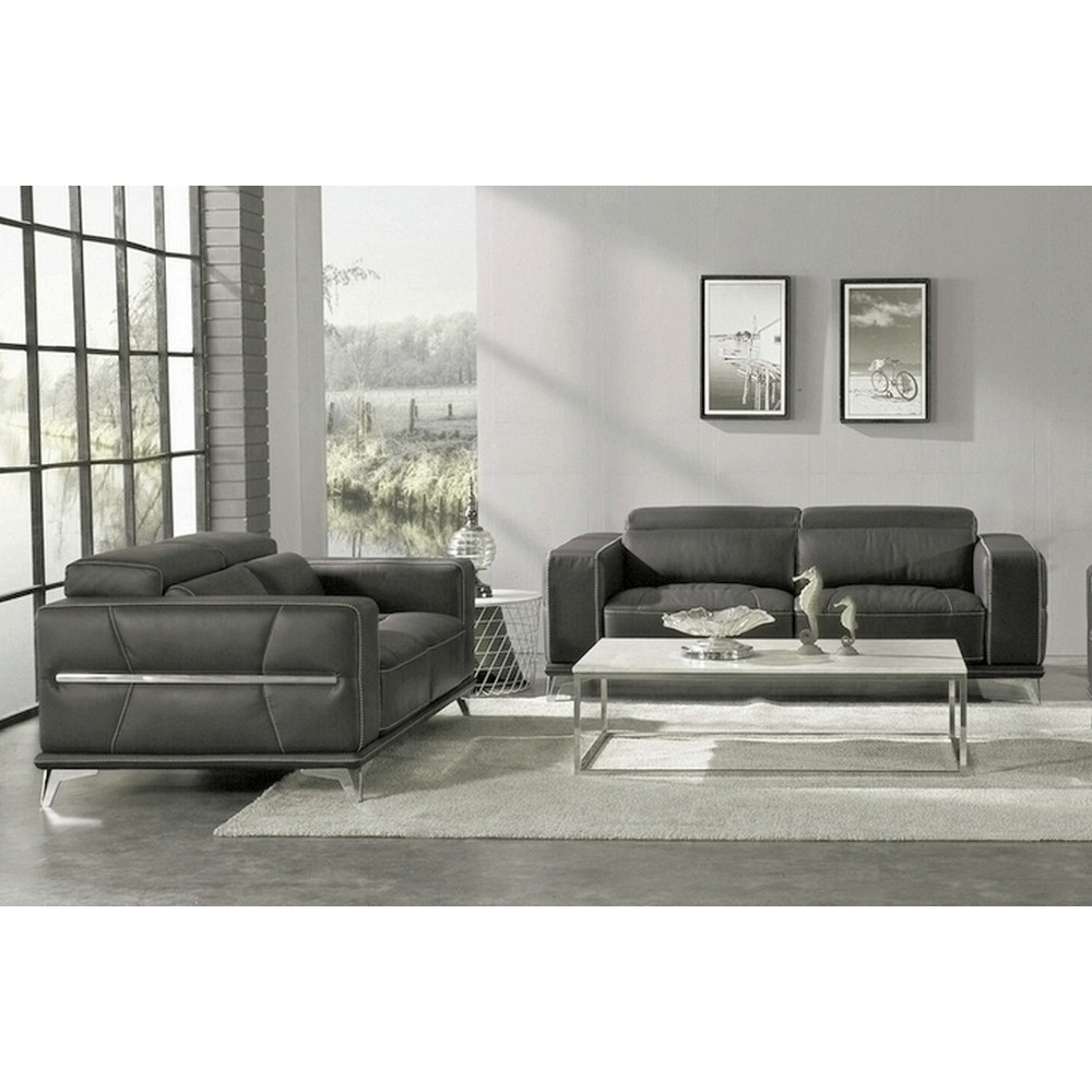 Ensemble Canapé 3 places et 2 places en cuir italien buffle VEGA, gris foncé avec surpiqure gris clair