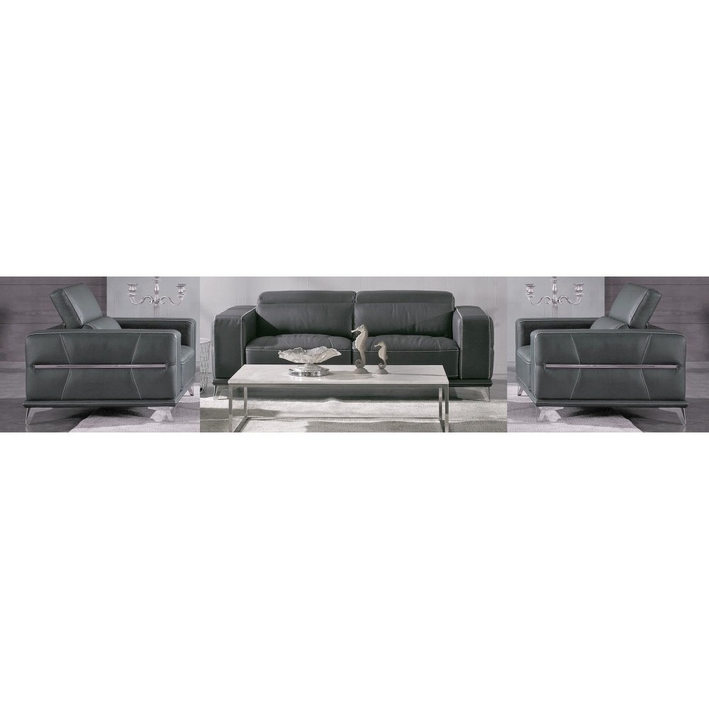 Ensemble Canapé 3 places et 2 fauteuils 1 place en cuir italien buffle VEGA, gris foncé avec surpiqure gris clair
