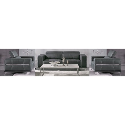 Ensemble Canapé 3 places et 2 fauteuils 1 place en cuir italien buffle VEGA, gris foncé avec surpiqure gris clair