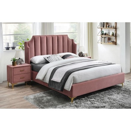 Lit double en tissu velours de qualité MONOTI, rose pale, avec sommier à lattes, 160x200