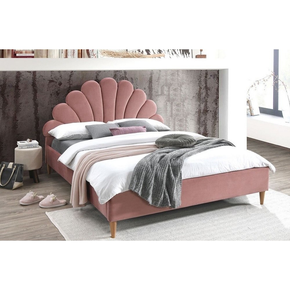 Lit double en tissu velours de qualité SANIA, rose pale, avec sommier à lattes, 160x200