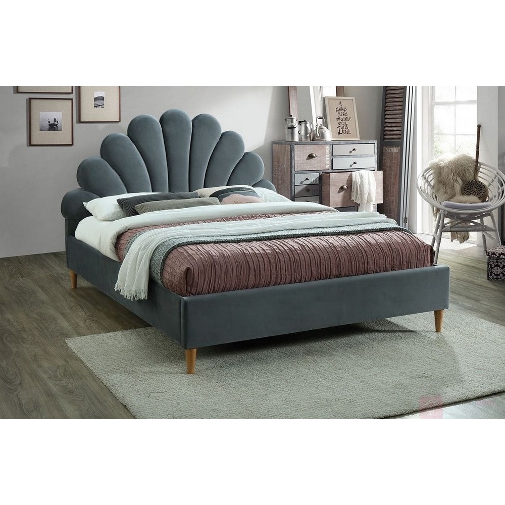 Lit double en tissu velours de qualité SANIA, gris, avec sommier à lattes, 160x200