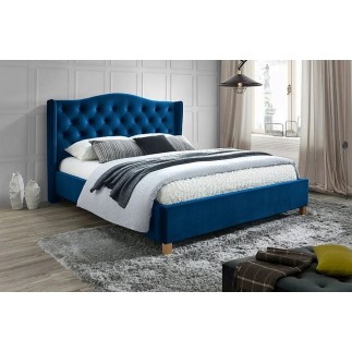 Lit double en tissu velours de qualité ASMA, bleu, avec sommier à lattes, 160x200