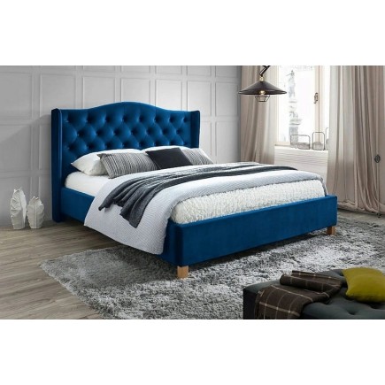 Lit double en tissu velours de qualité ASMA, bleu, avec sommier à lattes, 160x200