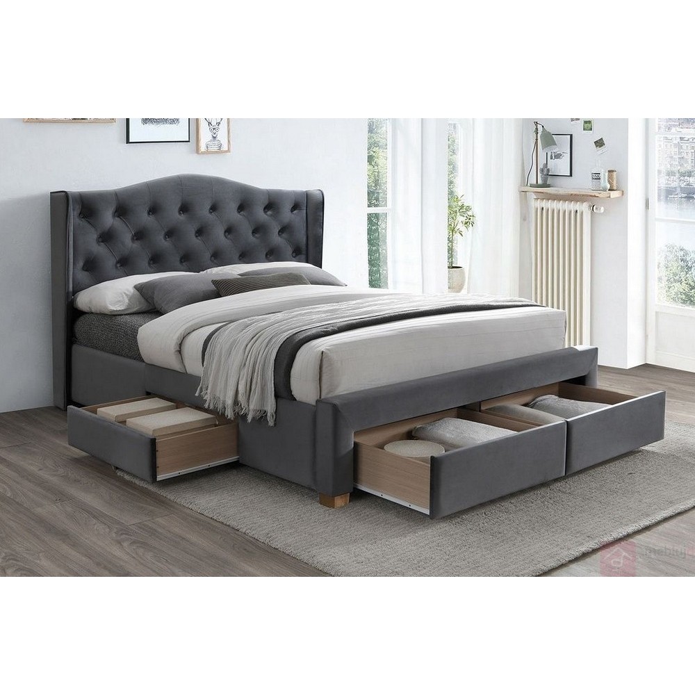 Lit double en tissu velours de qualité ASENA, gris, avec sommier à lattes, 160x200