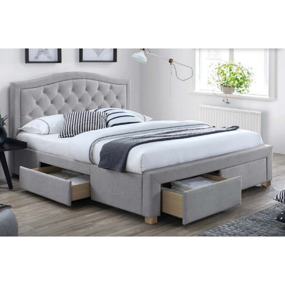 Lit double en tissu velours de qualité ELENA, gris, avec sommier à lattes, 160x200