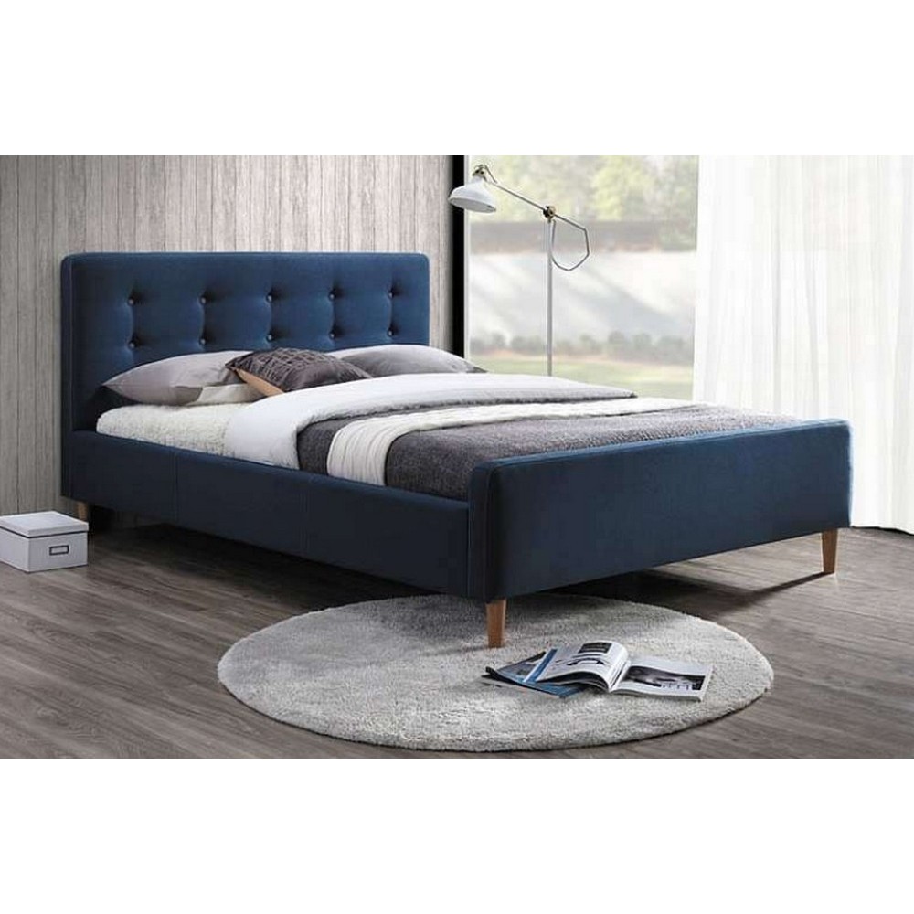 Lit double en tissu de qualité PIALA, bleu, avec sommier à lattes, 160x200