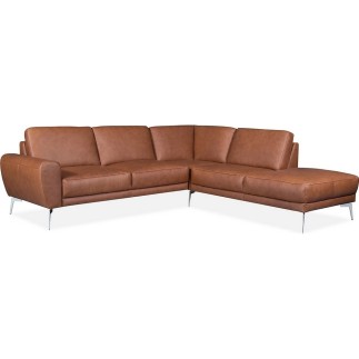 Canapé d'angle en 100% TOUT cuir italien de prestige 6/7 places SPANIA, marron cognac, angle droit