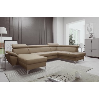 Canapé d'angle convertible en cuir italien de luxe 7/8 places WARINI avec coffre, beige, angle droit