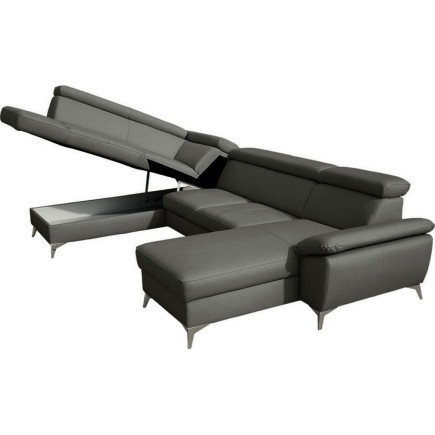 Canapé d'angle convertible en cuir italien de luxe 7/8 places WARINI avec coffre, gris foncé, angle gauche