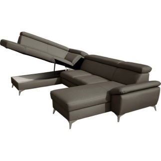 Canapé d'angle convertible en cuir italien de luxe 7/8 places WARINI avec coffre, taupe, angle gauche