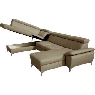 - Canapé d'angle convertible en cuir italien de luxe 7/8 places WARINI avec coffre, beige, angle gauche