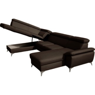 Canapé d'angle convertible en cuir italien de luxe 7/8 places WARINI avec coffre, chocolat, angle gauche