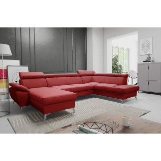 Canapé d'angle convertible en cuir italien de luxe 7/8 places WARINI avec coffre, rouge foncé, angle angle droit