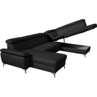 Canapé d'angle convertible en cuir italien de luxe 7/8 places WARINI avec coffre, noir, angle droit