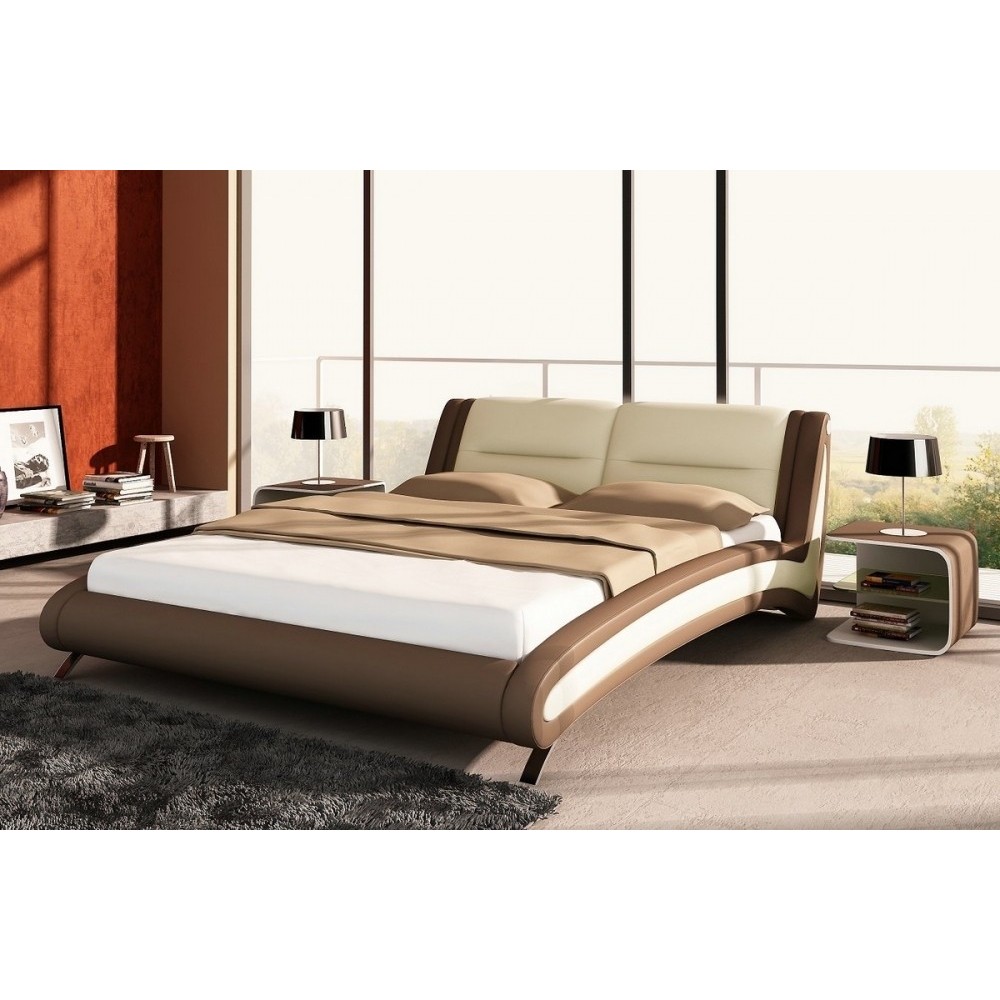 Lit en cuir italien de luxe NIGHTY, écru / marron, 140x190