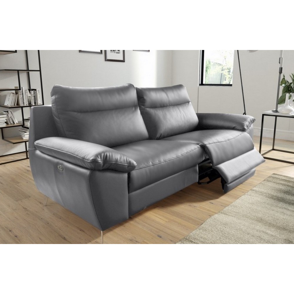 Canapé taille 2 places avec 2 relax en 100% tout cuir épais de luxe italien avec 2 relax électriques, PERINI, gris