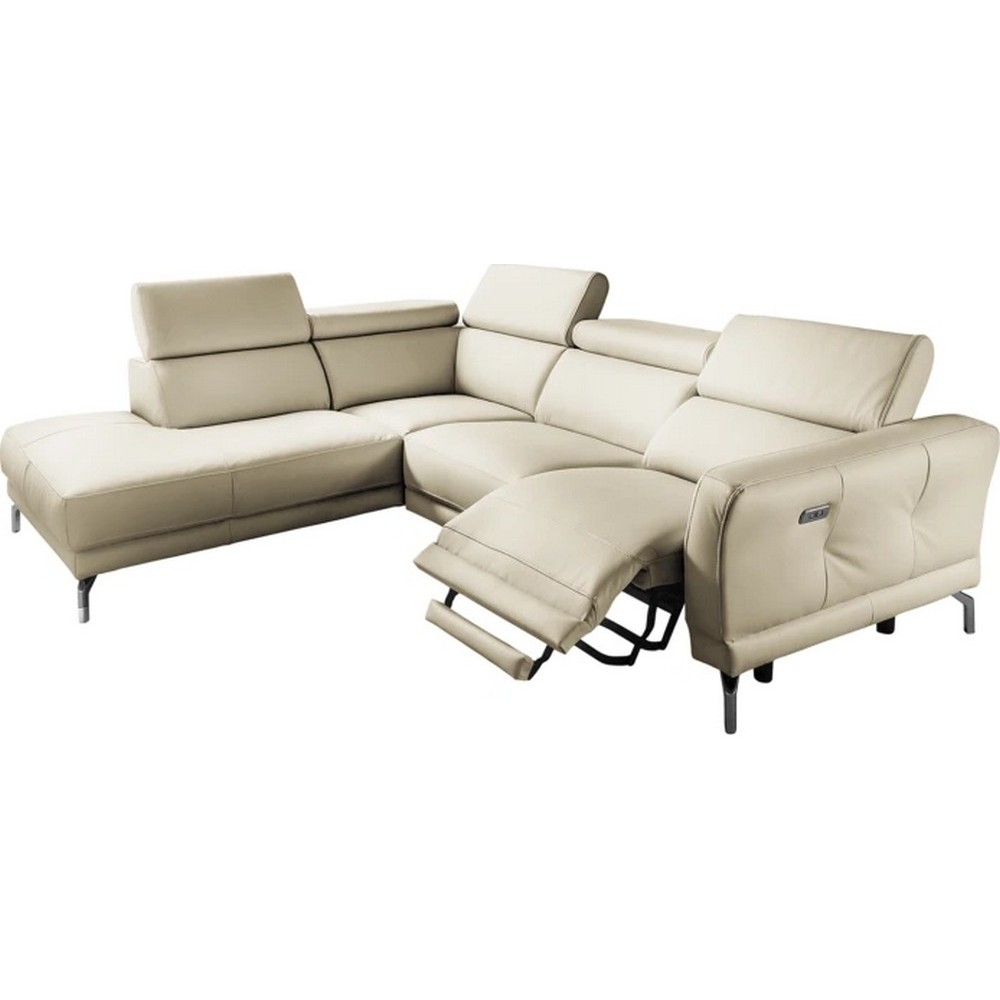 - Canapé d'angle relax en 100% tout cuir épais de luxe italien avec relax électrique, 5/6 places DALI, blanc cassé, angle gauche