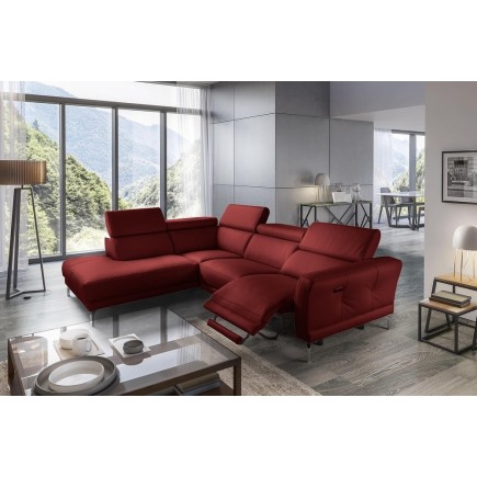Canapé d'angle relax en 100% tout cuir épais de luxe italien avec relax électrique, 5/6 places DALI, rouge foncé, angle gauche