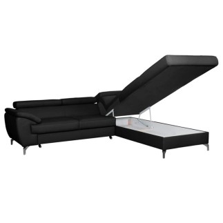 Canapé d'angle convertible en cuir italien de luxe 5/6 places FINLANDE avec coffre, noir, angle droit