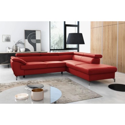 Canapé d'angle convertible en cuir italien de luxe 5/6 places FINLANDE avec coffre, rouge foncé, angle droit