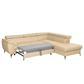 Canapé d'angle convertible en cuir italien de luxe 5/6 places FINLANDE avec coffre, beige, angle droit