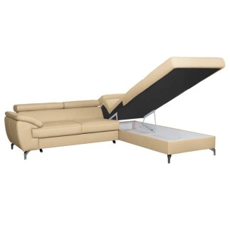 Canapé d'angle convertible en cuir italien de luxe 5/6 places FINLANDE avec coffre, beige, angle droit