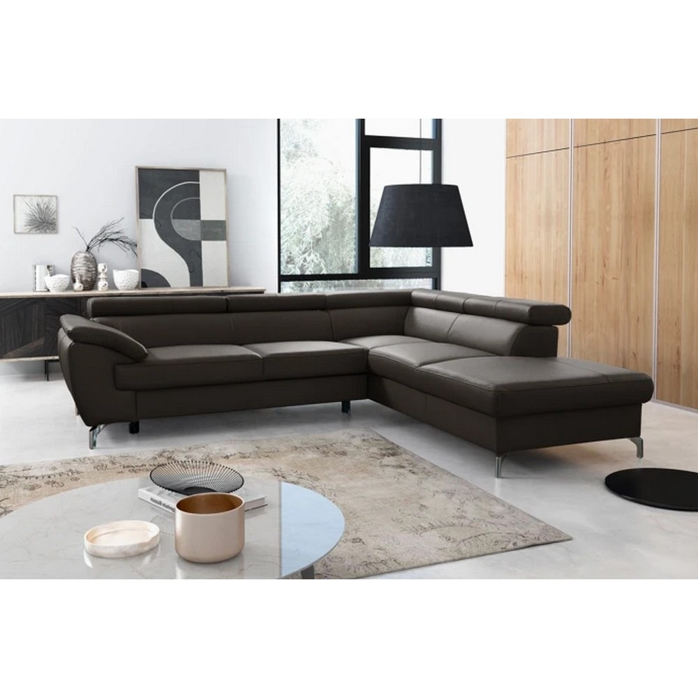Canapé d'angle convertible en cuir italien de luxe 5/6 places FINLANDE avec coffre, chocolat, angle droit